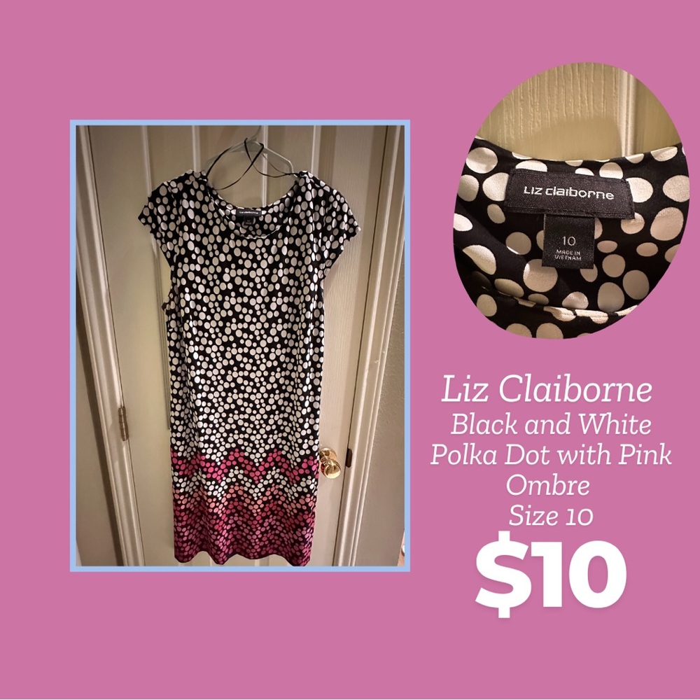 Liz Claiborne Black and White Polka Dot Dress with Pink Ombre